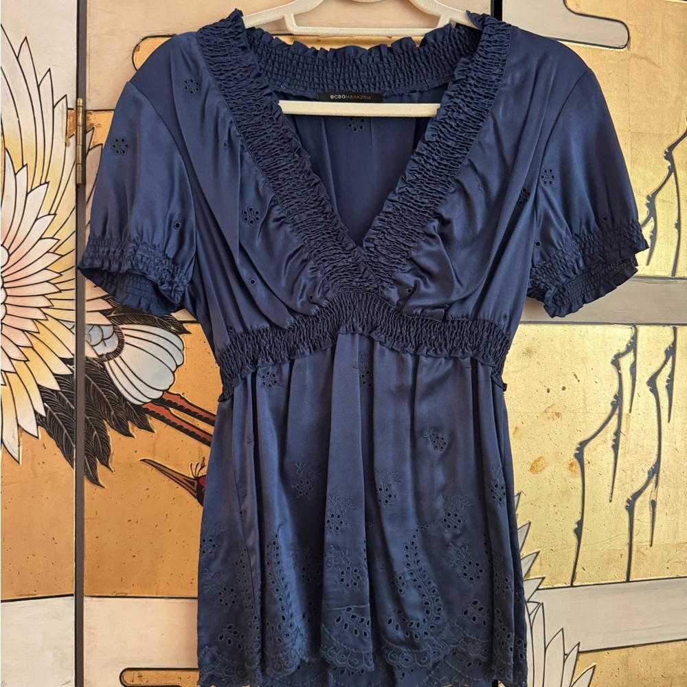 BCBGMaxAzria Blue Ruffled Blouse with V-Neckline